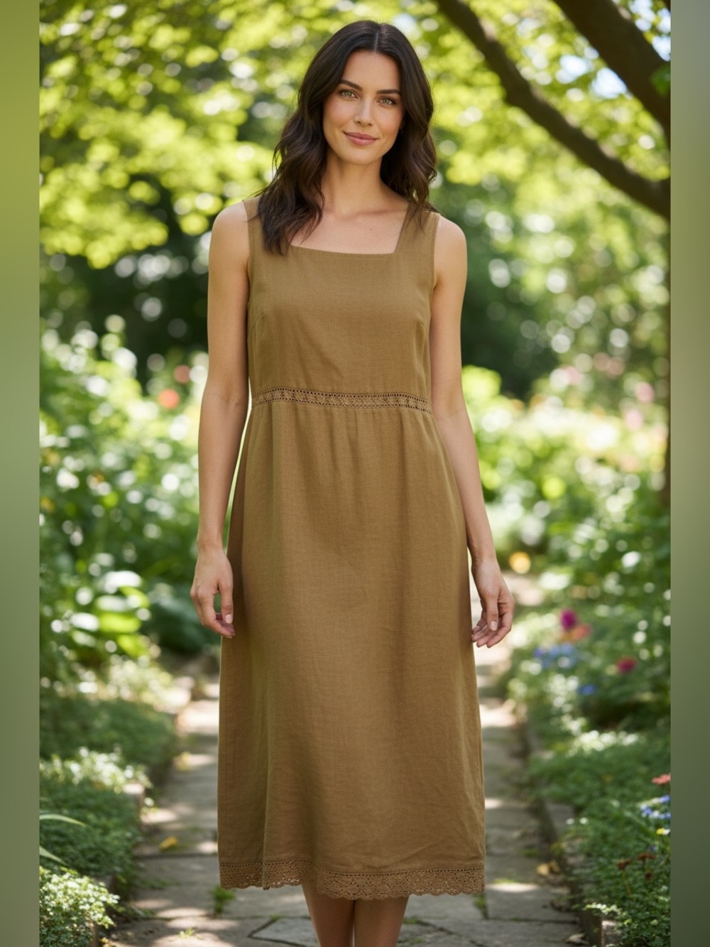Vintage Linen Crochet Trim Maxi Dress, Size Large